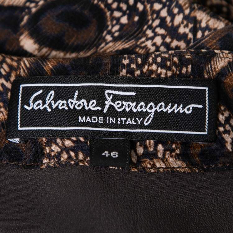 مملوكة مسبقًا Salvatore Ferragamo Brown Peacock Feather Printed Silk Sleeveless Dress L