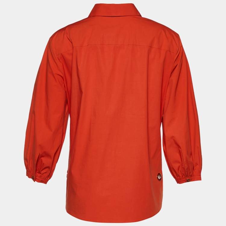 Pre Owned Salvatore Ferragamo Orange Stretch Cotton Button Front Blouse M