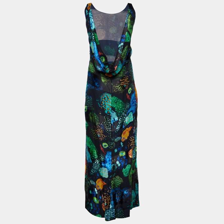 Pre Owned Salvatore Ferragamo Black Printed Silk Draped Back Neck Maxi Dress M