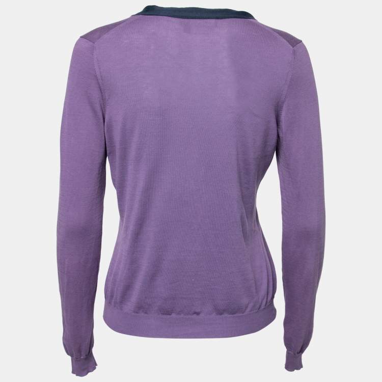 Pre Owned Salvatore Ferragamo Purple Cotton Knit Contrast Bow Detail Sweater S 