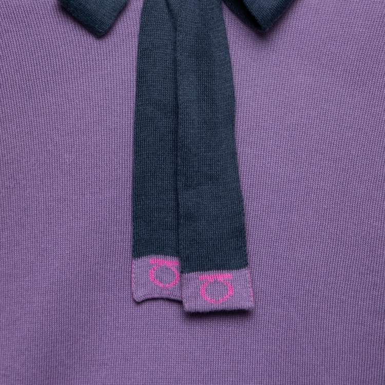 Pre Owned Salvatore Ferragamo Purple Cotton Knit Contrast Bow Detail Sweater S 
