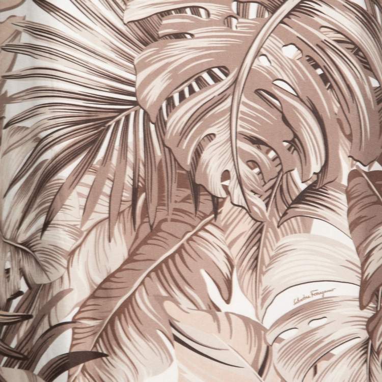 Pre Owned Salvatore Ferragamo Cream Leaf Printed Silk & Knit Top M