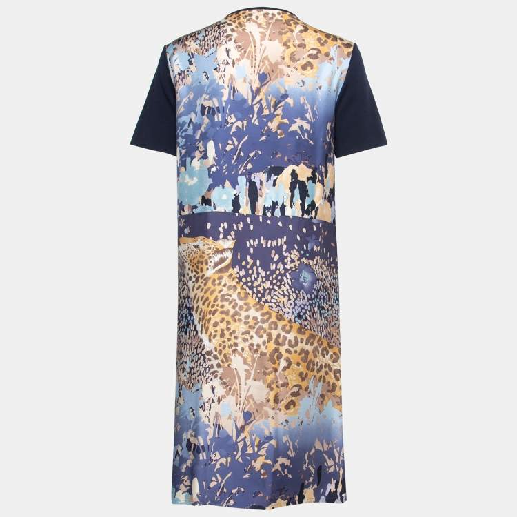 Pre Owned Salvatore Ferragamo Navy Blue Wool Knit & Leopard Printed Silk Dress M
