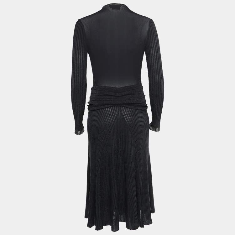 Pre Owned Salvatore Ferragamo Black Lurex Knit Mock Neck Long Sleeve Midi Dress S
