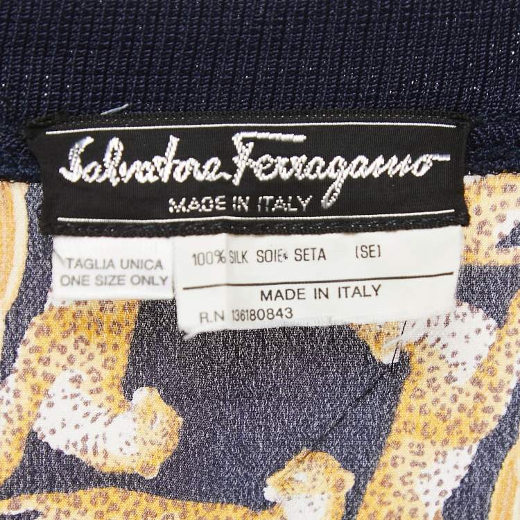 Pre Owned Salvatore Ferragamo Navy Blue/Yellow Abstract Leopard Print Silk Crew Neck Sweatshirt One Size