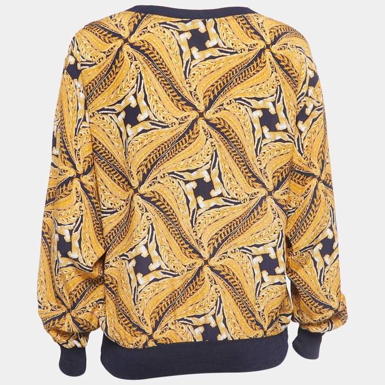 Pre Owned Salvatore Ferragamo Navy Blue/Yellow Abstract Leopard Print Silk Crew Neck Sweatshirt One Size