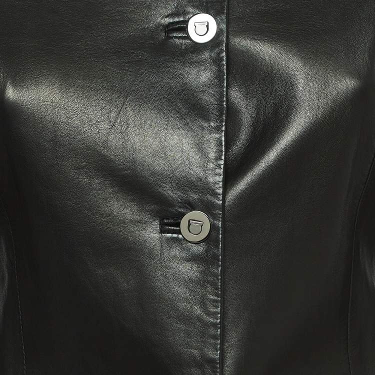 Pre Owned Salvatore Ferragamo Vintage Black Leather Buttoned Jacket S