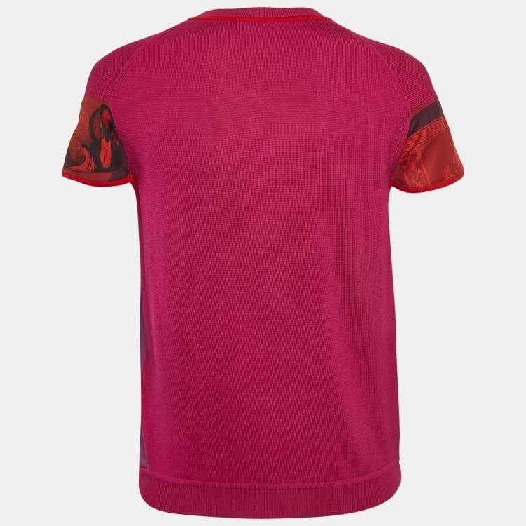 Salvatore Ferragamo Pink Printed Silk and Wool Knit Short Sleeve T