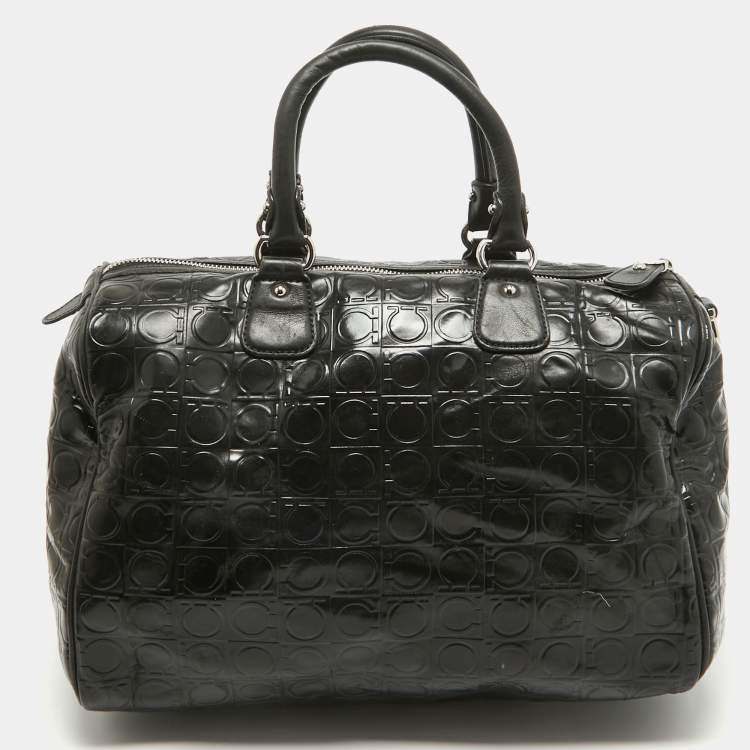 Pre Owned Salvatore Ferragamo Black Gancini Embossed Glossy Leather Boston Bag