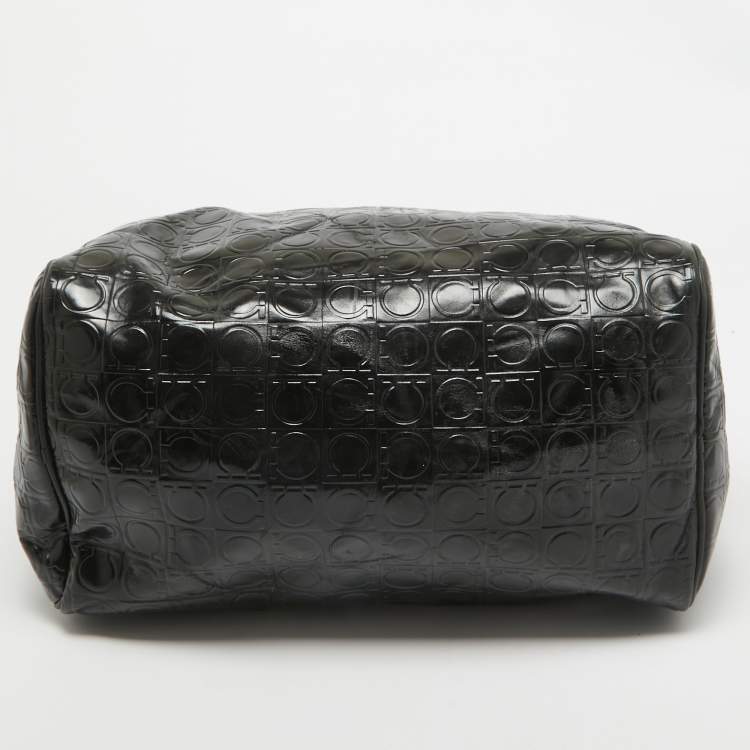 Pre Owned Salvatore Ferragamo Black Gancini Embossed Glossy Leather Boston Bag