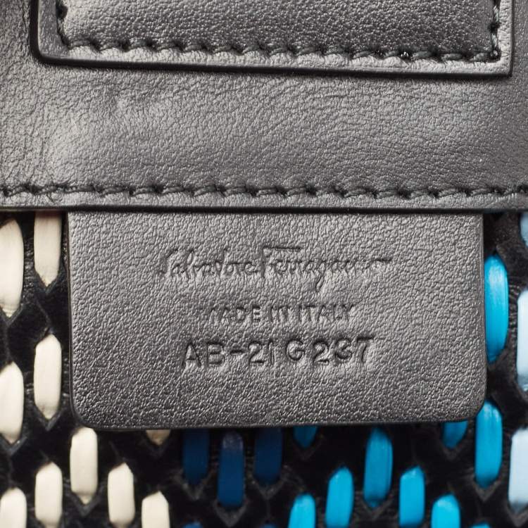 Pre Owned Salvatore Ferragamo Black/Blue Woven Leather Vara Bow Tote