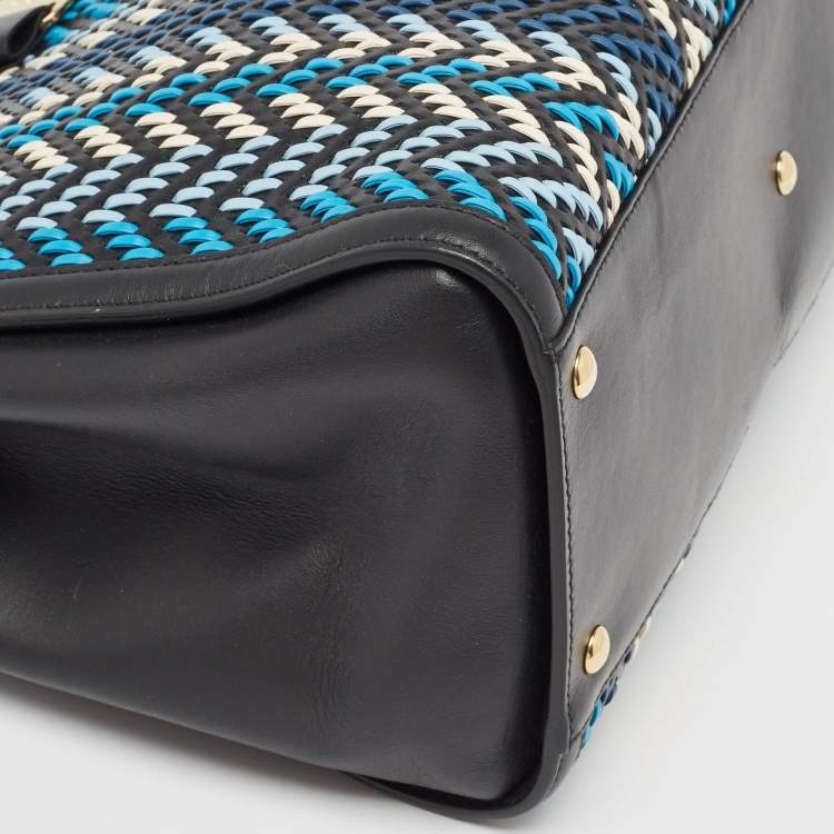 Pre Owned Salvatore Ferragamo Black/Blue Woven Leather Vara Bow Tote