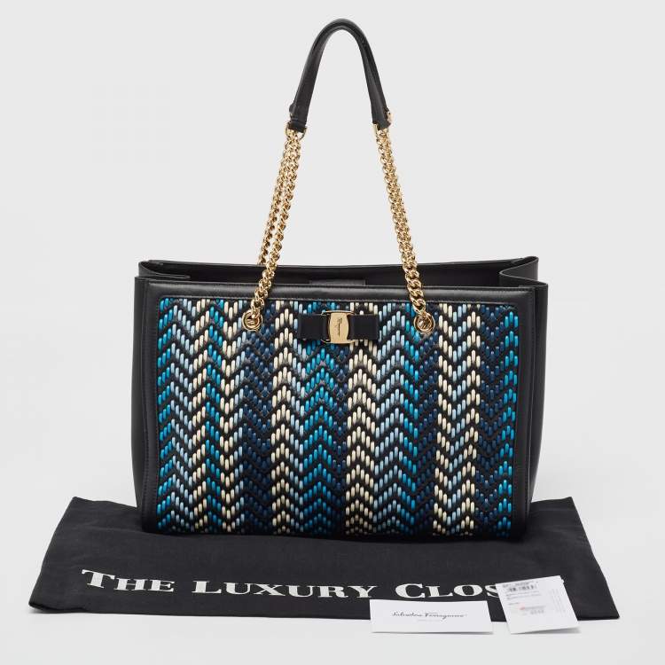Pre Owned Salvatore Ferragamo Black/Blue Woven Leather Vara Bow Tote