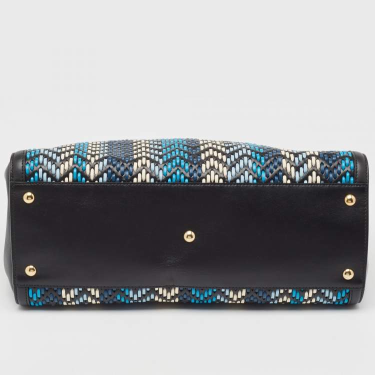 Pre Owned Salvatore Ferragamo Black/Blue Woven Leather Vara Bow Tote