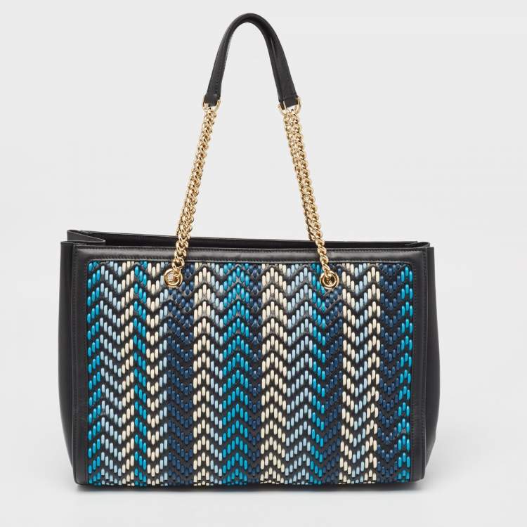 Pre Owned Salvatore Ferragamo Black/Blue Woven Leather Vara Bow Tote