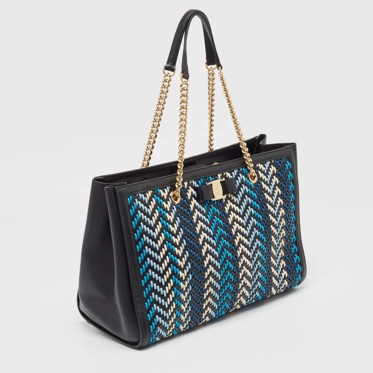 Pre Owned Salvatore Ferragamo Black/Blue Woven Leather Vara Bow Tote