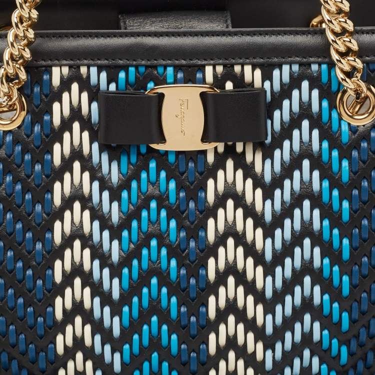 Pre Owned Salvatore Ferragamo Black/Blue Woven Leather Vara Bow Tote