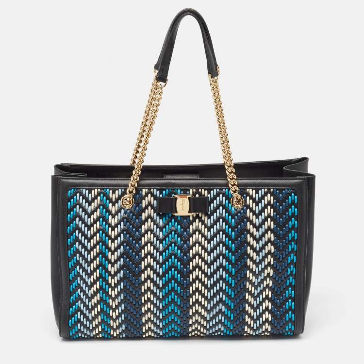 Pre Owned Salvatore Ferragamo Black/Blue Woven Leather Vara Bow Tote