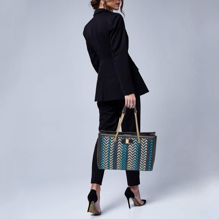 Pre Owned Salvatore Ferragamo Black/Blue Woven Leather Vara Bow Tote