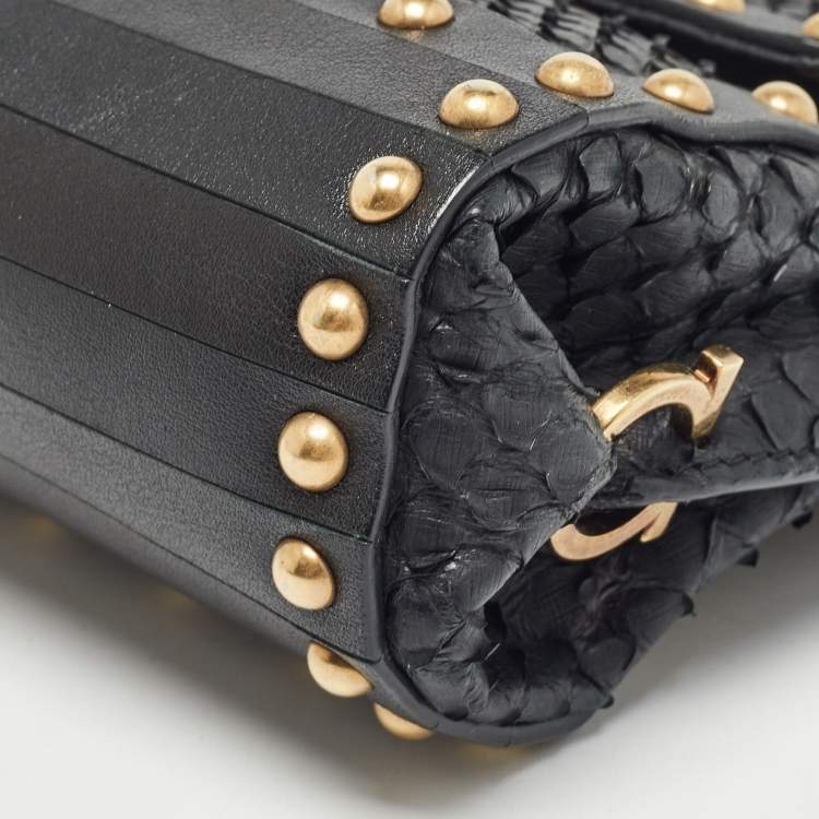 Pre Owned Salvatore Ferragamo Black Python Mini Studded Sofia Top Handle Bag
