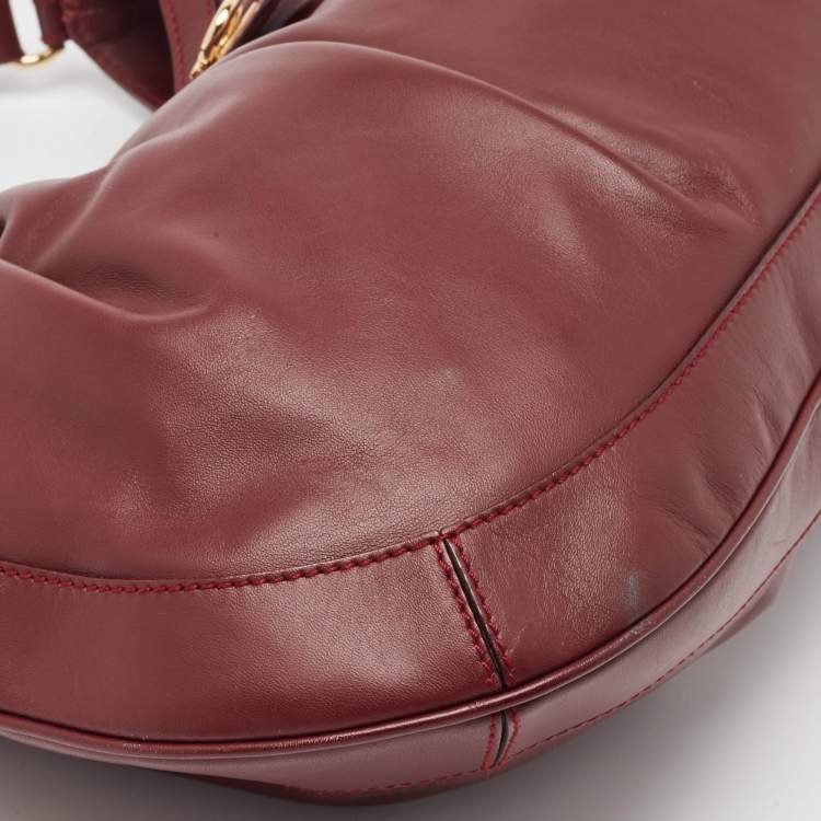 Pre Owned Salvatore Ferragamo Burgundy Pleated Leather Gancini Flap Hobo