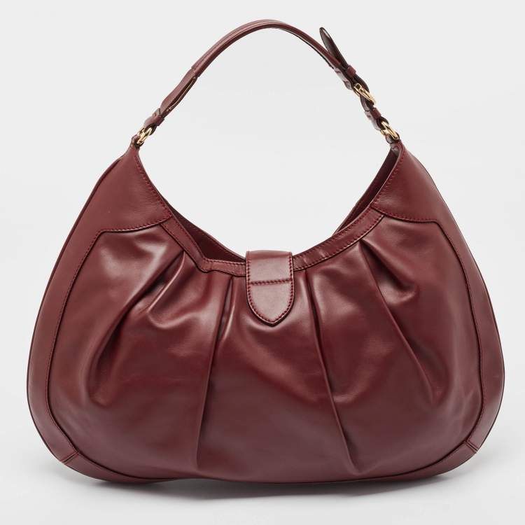 Pre Owned Salvatore Ferragamo Burgundy Pleated Leather Gancini Flap Hobo