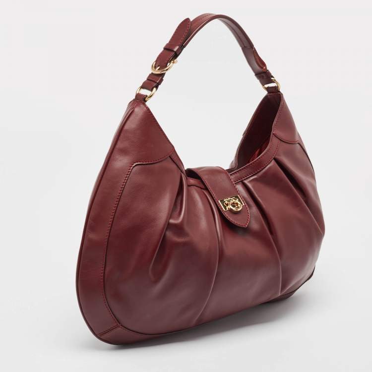 Pre Owned Salvatore Ferragamo Burgundy Pleated Leather Gancini Flap Hobo