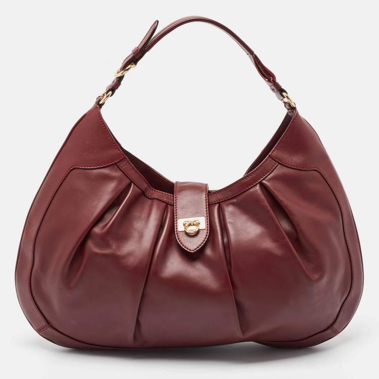 Pre Owned Salvatore Ferragamo Burgundy Pleated Leather Gancini Flap Hobo