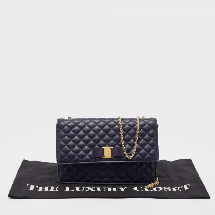 Pre Owned Salvatore Ferragamo Navy Blue Quilted Leather Vara Bow Chain Bag