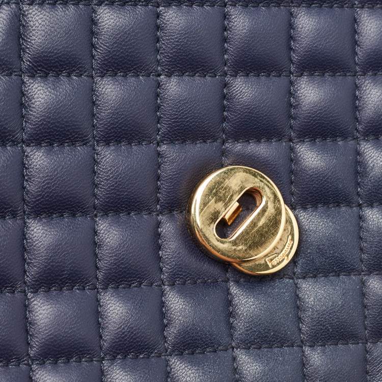 Pre Owned Salvatore Ferragamo Navy Blue Quilted Leather Vara Bow Chain Bag