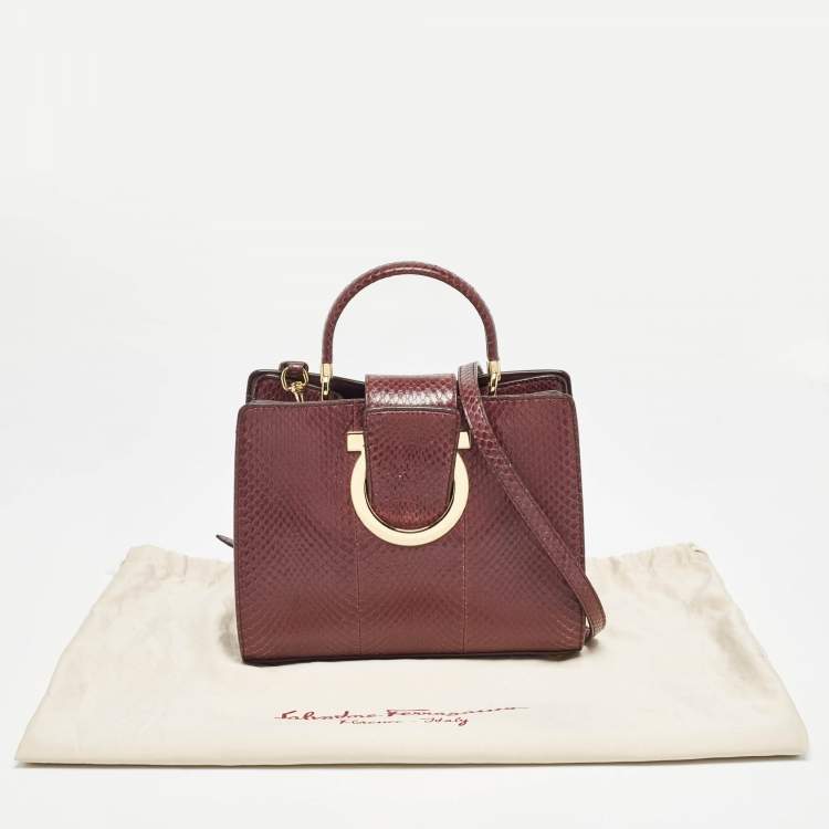 Pre Owned Salvatore Ferragamo Burgundy Snakeskin Thea Top Handle Bag