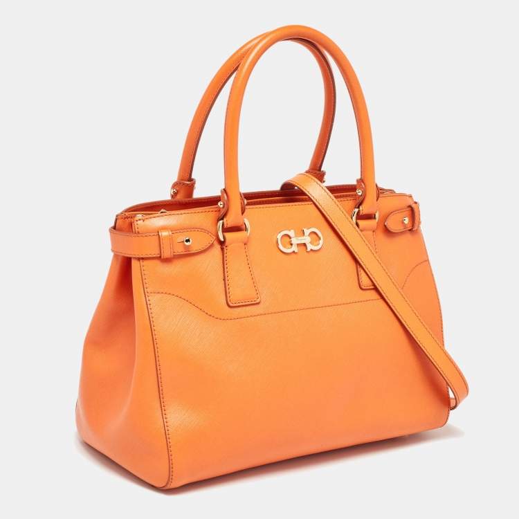 Pre Owned Salvatore Ferragamo Orange Leather Beky Tote