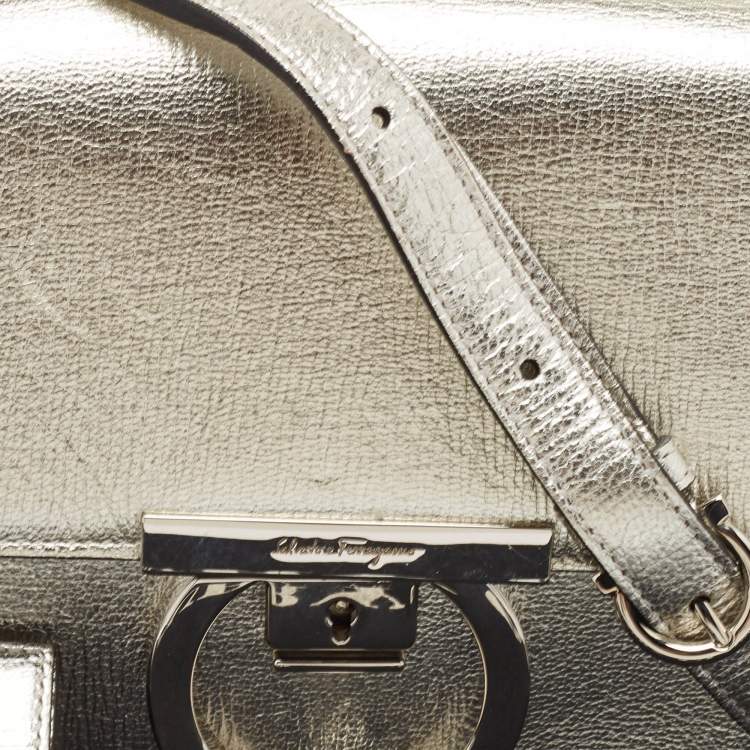 Pre Owned Salvatore Ferragamo Silver Leather Lock Charm Crossbody Bag