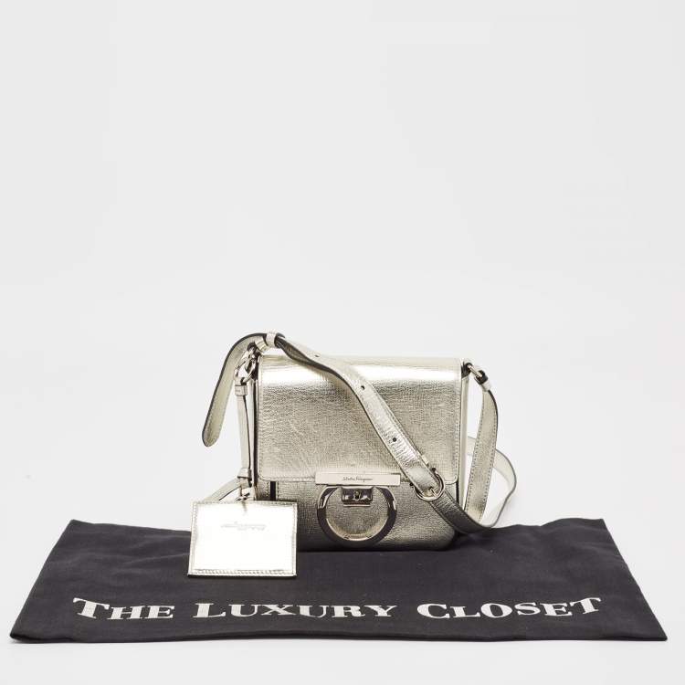 Pre Owned Salvatore Ferragamo Silver Leather Lock Charm Crossbody Bag
