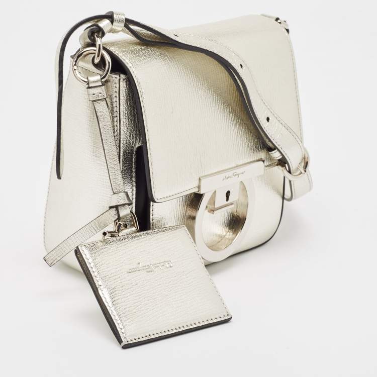 Pre Owned Salvatore Ferragamo Silver Leather Lock Charm Crossbody Bag