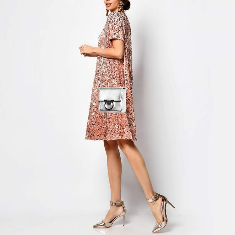 Pre Owned Salvatore Ferragamo Silver Leather Lock Charm Crossbody Bag