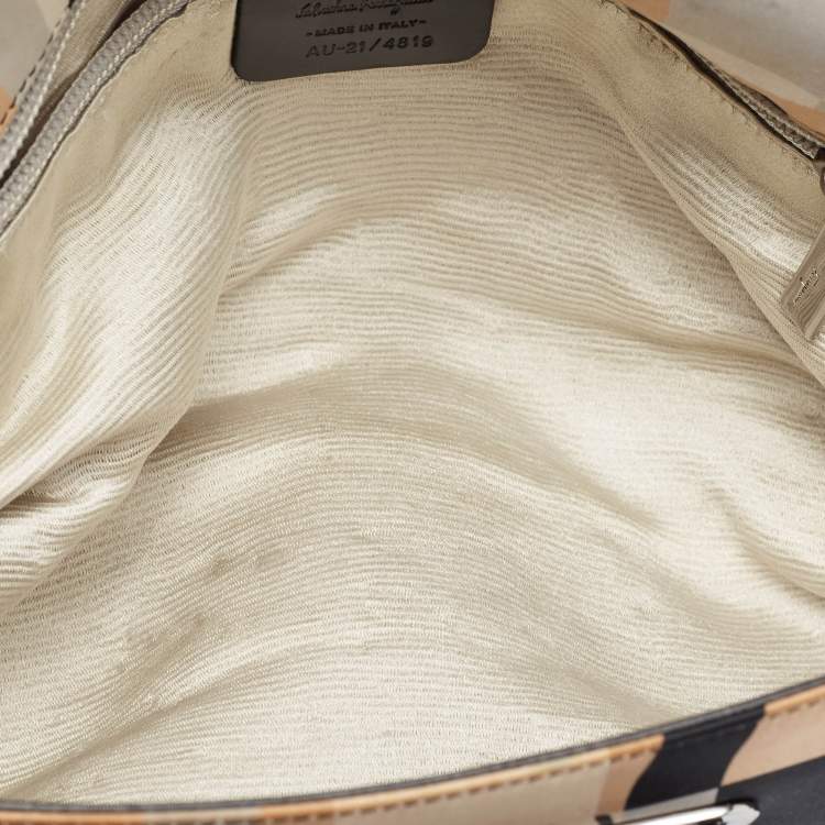 Pre Owned Salvatore Ferragamo Multicolor Printed Satin and Leather Gancini Flap Satchel