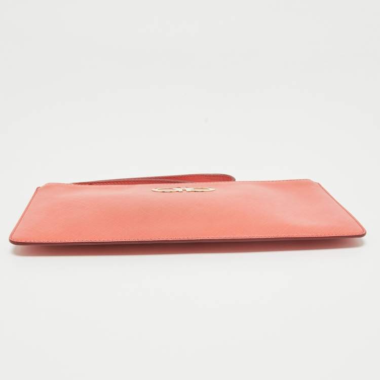 Pre Owned Salvatore Ferragamo Orange Leather Gancini Wristlet Clutch