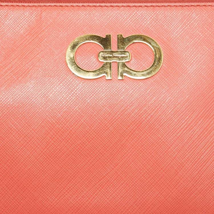 Pre Owned Salvatore Ferragamo Orange Leather Gancini Wristlet Clutch