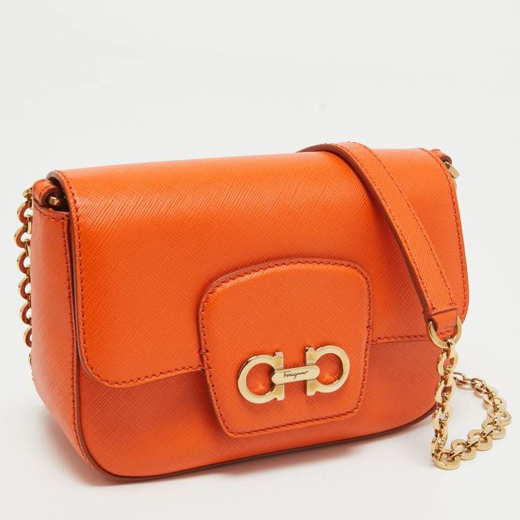 Pre Owned Salvatore Ferragamo Orange Leather Paris Crossbody Bag