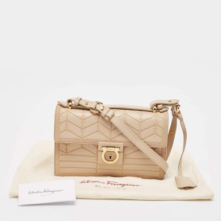 Pre Owned Salvatore Ferragamo Beige Leather and Suede Mini Studded Aileen Shoulder Bag