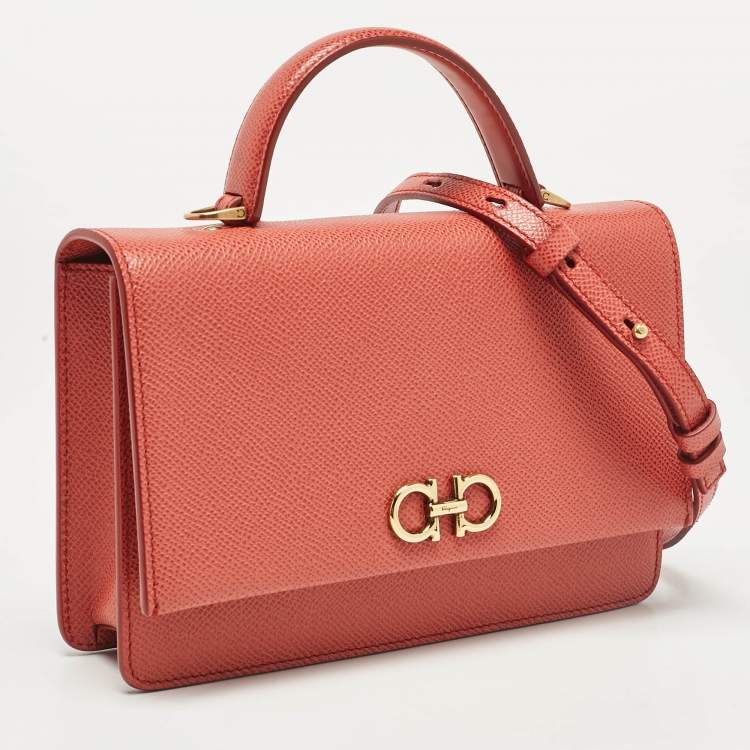 Pre Owned Salvatore Ferragamo Brick Red Leather Mini Gancini Top Handle Bag
