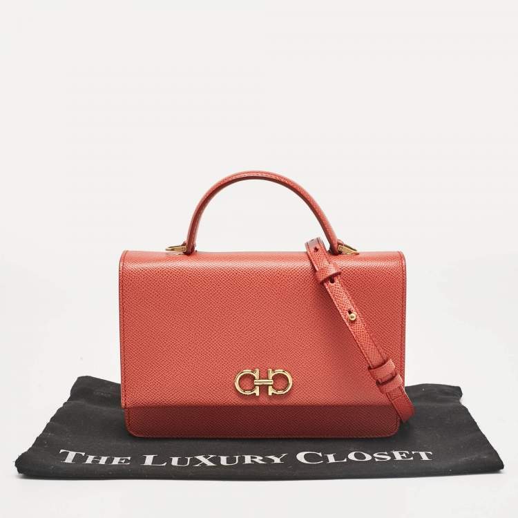 Pre Owned Salvatore Ferragamo Brick Red Leather Mini Gancini Top Handle Bag