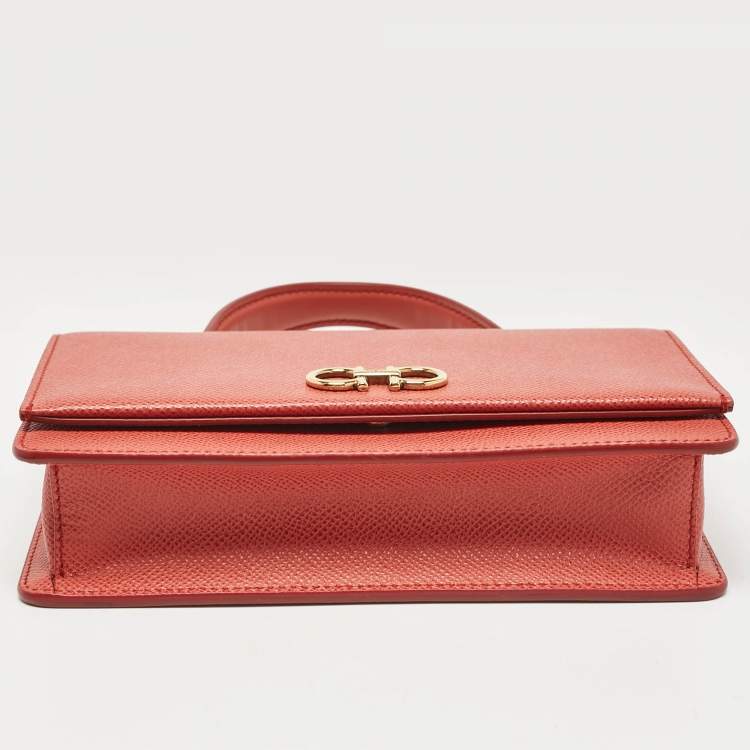 Pre Owned Salvatore Ferragamo Brick Red Leather Mini Gancini Top Handle Bag