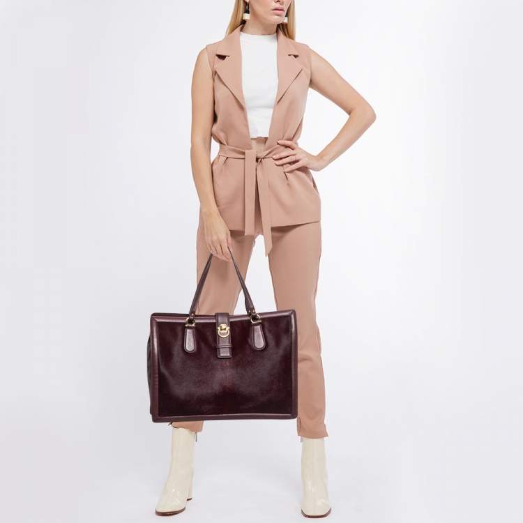 Pre Owned Salvatore Ferragamo Burgundy Calfhair and Leather Gancini Flap Tote
