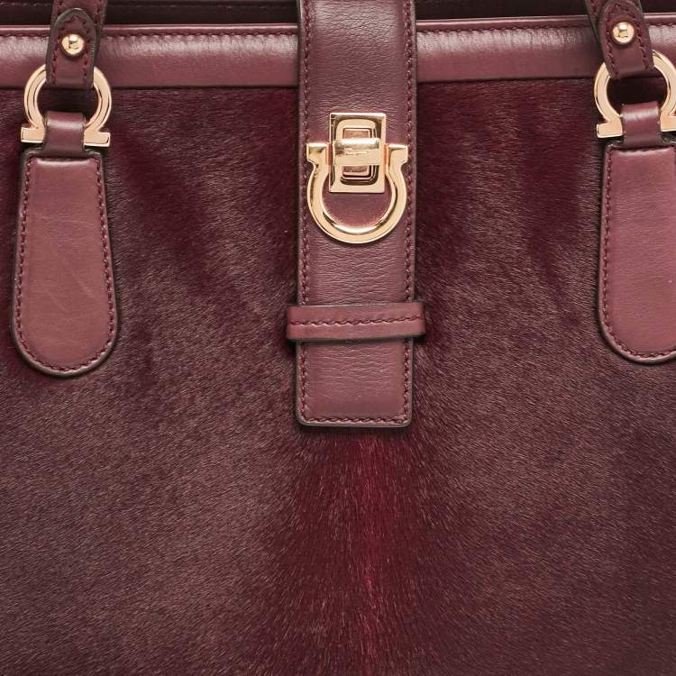 Pre Owned Salvatore Ferragamo Burgundy Calfhair and Leather Gancini Flap Tote
