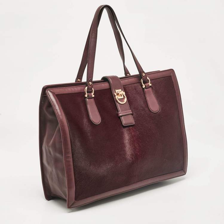 Pre Owned Salvatore Ferragamo Burgundy Calfhair and Leather Gancini Flap Tote