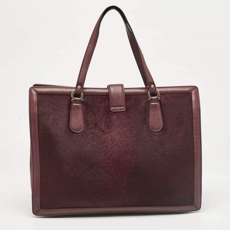 Pre Owned Salvatore Ferragamo Burgundy Calfhair and Leather Gancini Flap Tote