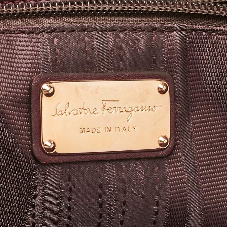Pre Owned Salvatore Ferragamo Burgundy Calfhair and Leather Gancini Flap Tote