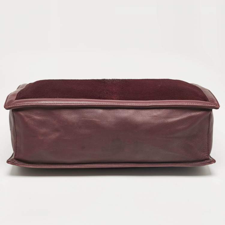 Pre Owned Salvatore Ferragamo Burgundy Calfhair and Leather Gancini Flap Tote
